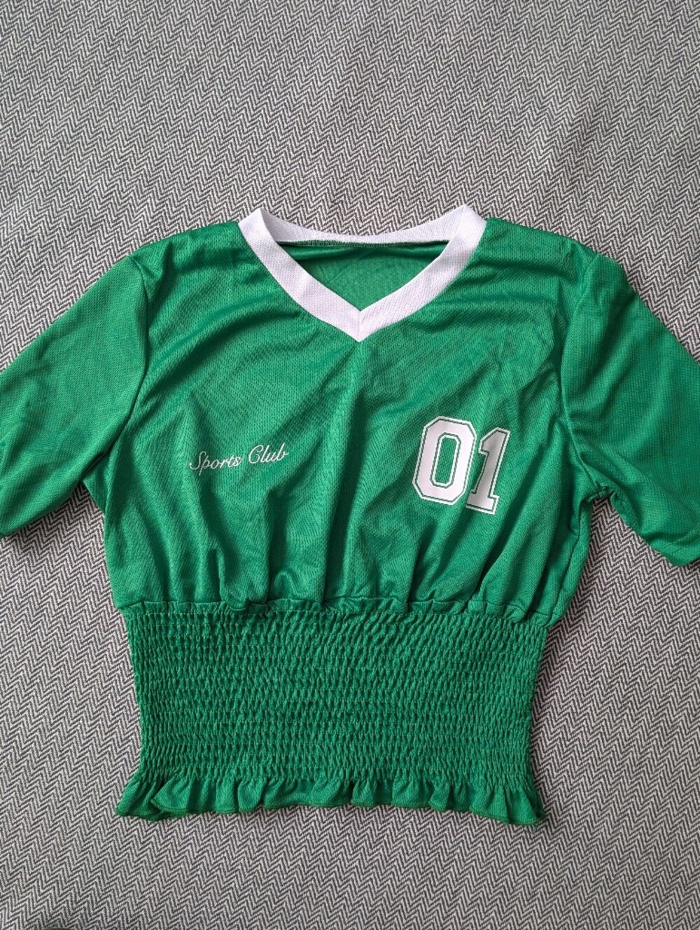 Green Sports Jersey Crop Top Short Sleeve with Smock Waist XS Sporty Blokecore